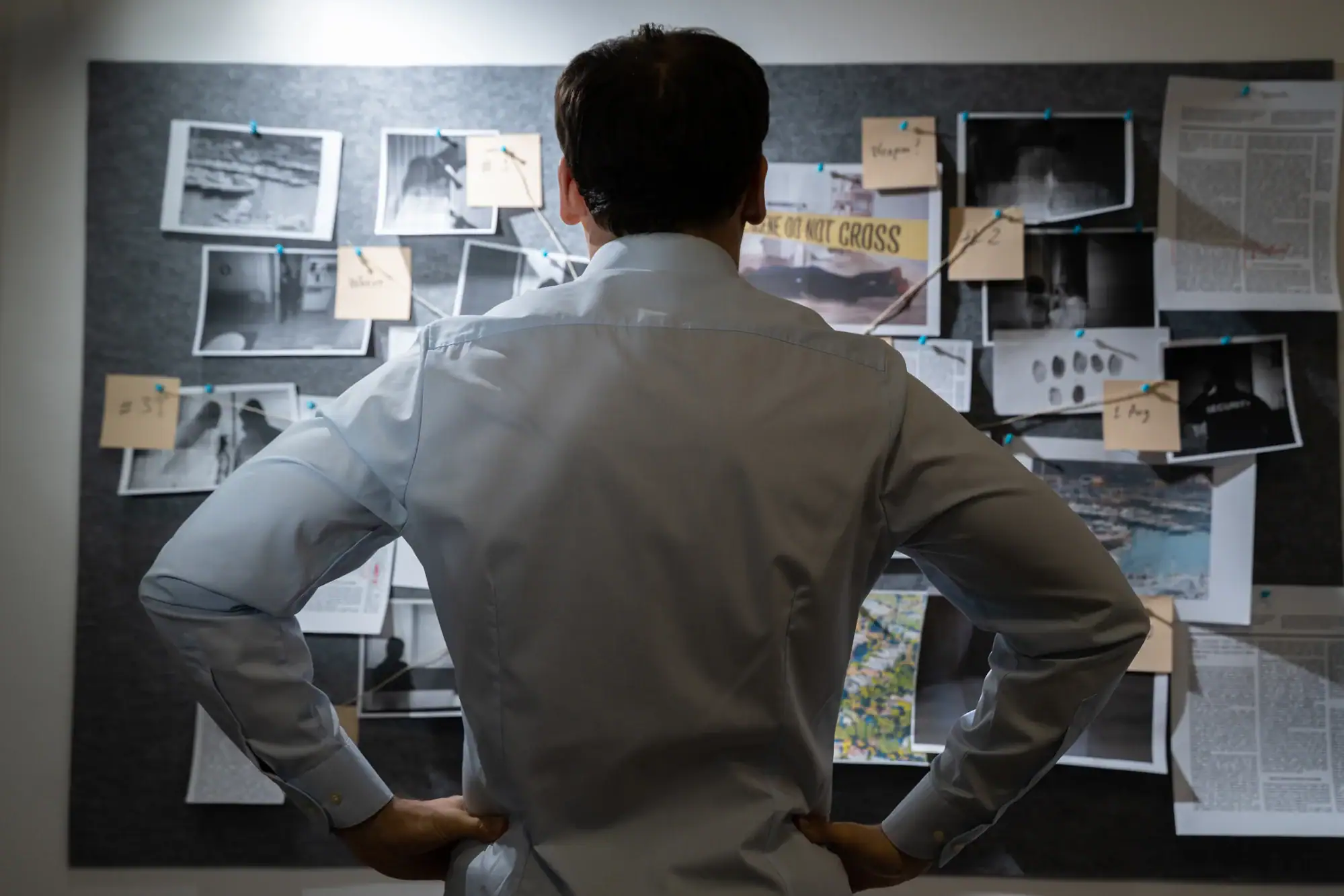 A Private Investigator Phoenix examines a board covered in photos and notes while investigating a case.