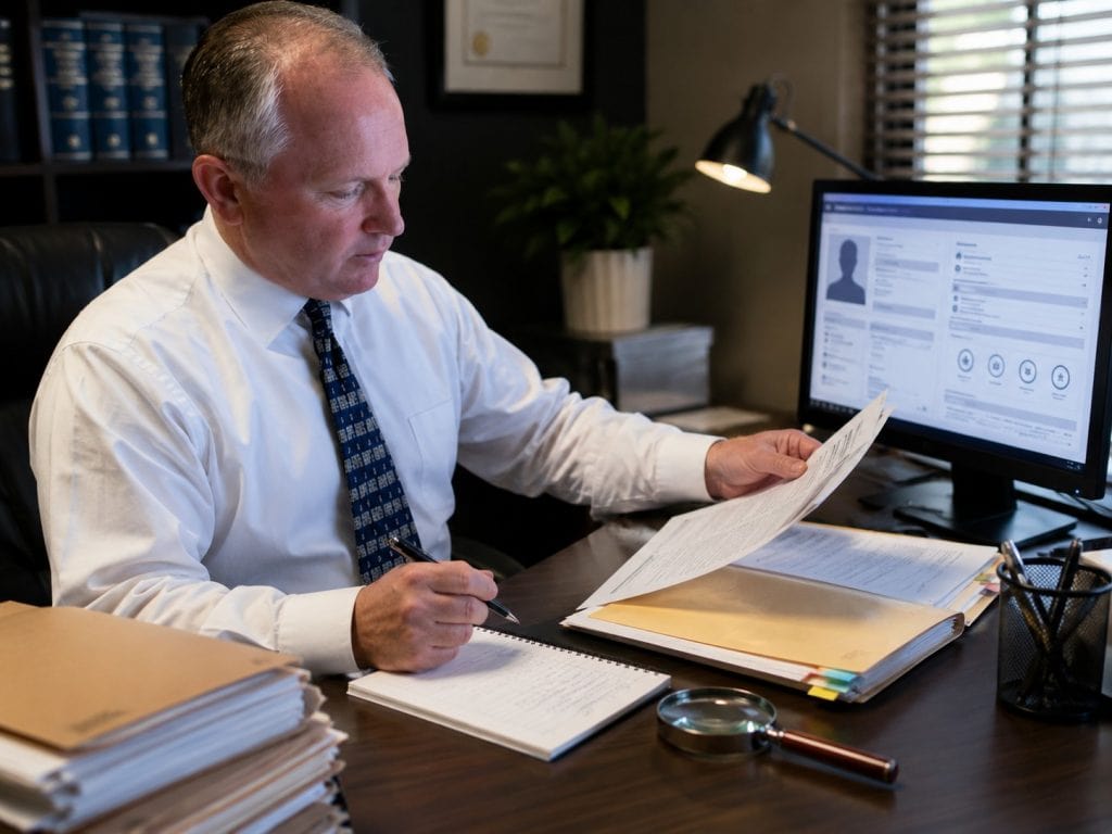 Private Investigator Phoenix, AZ reviews documents using a magnifying glass at his office desk.